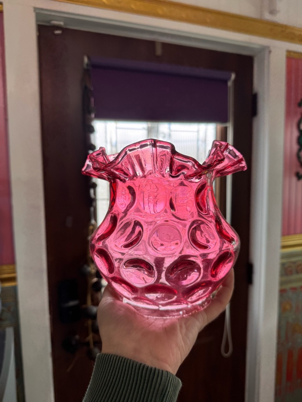 Fenton cranberry lampshade glass hobnail thumbprint pink ruffled
